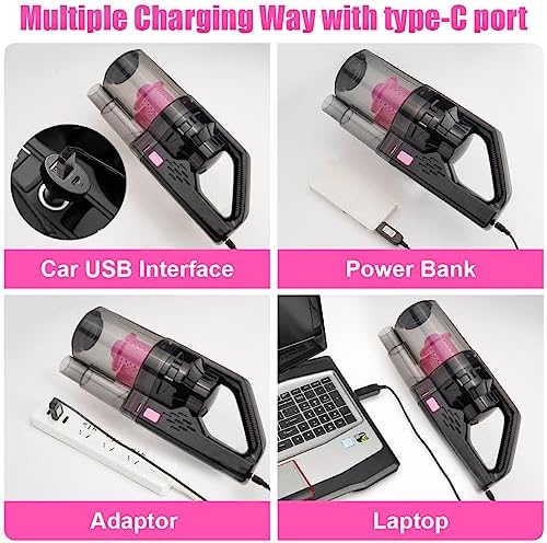 Car Vacuum Cordless Rechargeable, 8000PA High Power Handheld Vacuum Cleaner with 17PCS Car Cleaning Kit, Pink Auto Accessories for Women Gift - Image 4