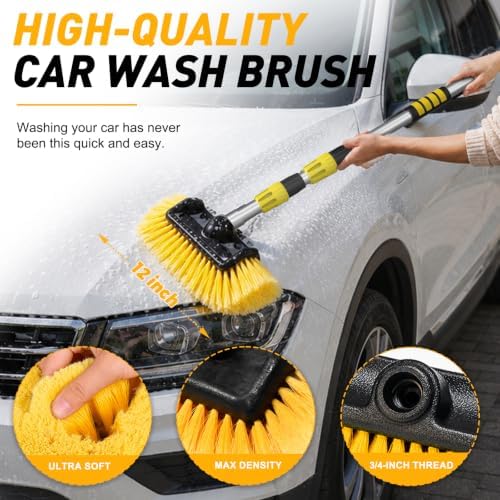 SISUPASSIE 12FT Car Wash Brush with Long Handle, Telescopic Car Wash Brush with Soap Dispenser, 12-Inch Soft Bristle Car Cleaning Brush for Cleaning Car, RV, Truck, Boat, Solar Panels, Yellow - Image 3