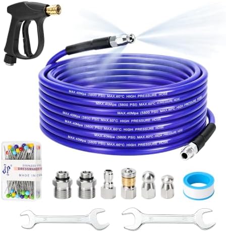 Sewer Jetter Kit for Pressure Washer 50 FT, Drain Cleaner Hose with Power Washer Gun, 1/4 Inch NPT Corner, Rotating and Button Nose Sewer Jetting Nozzle,Waterproof Tape, Pearl Corsage Pin, Spanner by SEPLY