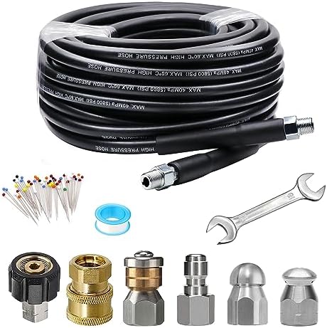 WEST BAY Sewer Jetter Kit 25 FT for Pressure Washer, 5800 PSI Drain Cleaner Hose 1/4 Inch NPT Corner Rotating and Button Nose Sewer Jetting Nozzle Spanner WatertightTape Pearl Corsage Pin by WESTBAY