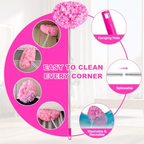 Ceiling Fan Cleaner Duster Reusable Microfiber Ceiling Fan Blade Cleaner Removable Duster with Extension Pole Adjusts 13 to 49.7 Inch for Cleaning Walls Furniture Door Window Top (Rosy White) - Image 3