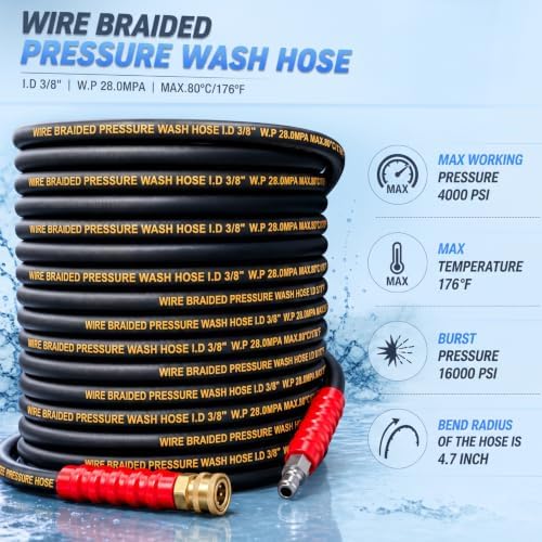 Hourleey 50FT Pressure Washer Hose with 3/8 Inch Quick Connect, High Tensile Wire Power Washer Hose, 4000 PSI - Image 6