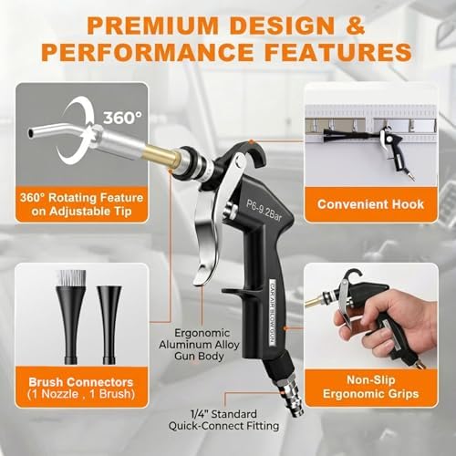 Tornado Car Cleaning Gun with 2 Set Nozzle, Air Blower Gun for Car Detailing with Brush, High Pressure Dry Cleaning Gun Quickly Blasts Dust & Dirt Works with Air Compressor - Image 4