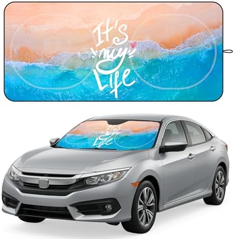 Windshield Sun Shade for Car, 63"x28.5" Stylish Printed Front Window Sunshade with Double Steel Ring Frame, Universal Fit Foldable Heat Blocker & UV Protector, with Storage Pouch (Sea & Beach) by Unknown