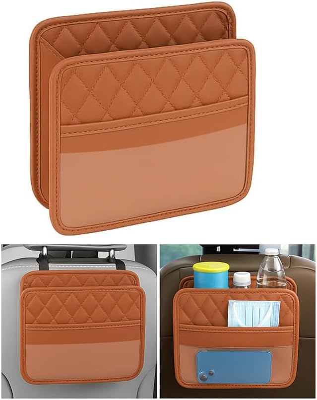 Mandark PU Leather Car Seat Back Organizer, Orange | Three-pocket layout with clear panel, elastic strap installation, fits most cars, SUVs, and trucks, car interior accessories by Unknown