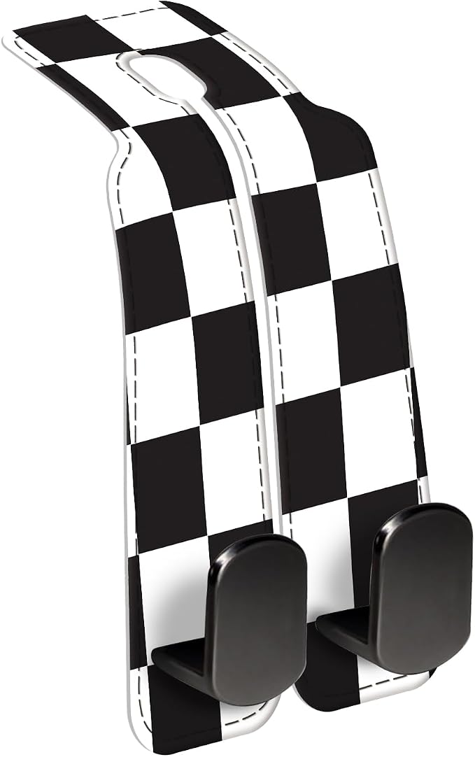 Car Seat Back Storage Headrest Hook, Premium Leather Double Metal Hook, Hanger Storage Organizer for Purse Cloth Bag, Car Interior Accessories Black White Plaid by Unknown