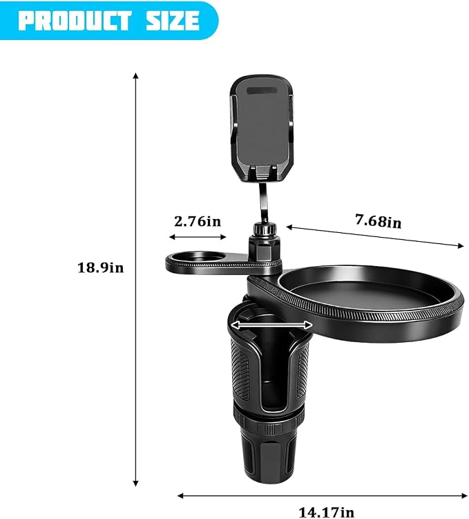 Car Cup Holder Tray, 4-in-1 Vehicle Drink Holder Expander Adapter with Phone Holder & Food Tray Table, Auto Center Console Cupholder Eating Table Organizer, Universal Fit (Black) - Image 2
