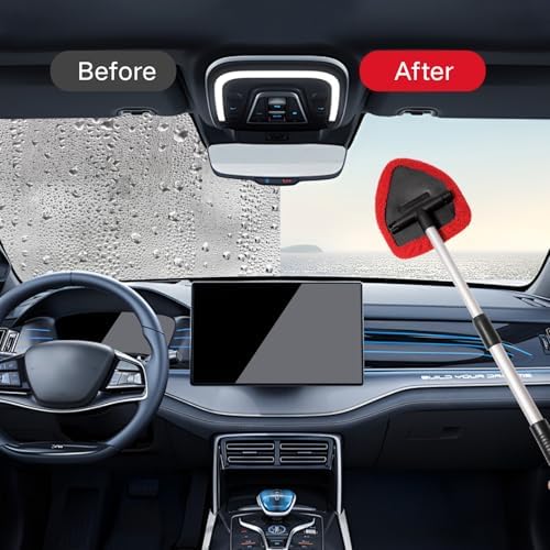 Qydipclin 7pcs Windshield Cleaner Tool Car Window Cleaning Wash Kit with 4 Reusable Microfiber Pads 1 Spray Bottle and Extendable Handle Auto Glass Wiper Kit, Red - Image 3