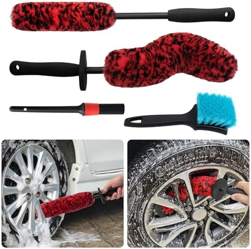 4 Pack Car Wheel and Tire Cleaner Brushes Kit Auto Motorcycle Rim Hub Ultra Soft Microfiber No Spatter Bendable Woolies Bristle Cleaning Set by Unknown