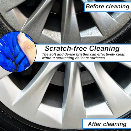 Wheel Brush Kit, Soft Drill Wheel Cleaner Brush, No Scratches Highly Dense Car Cleaning Brush Set for Wheels, Rims, Engines, Exhaust(Blue/White,2Pcs) - Image 3