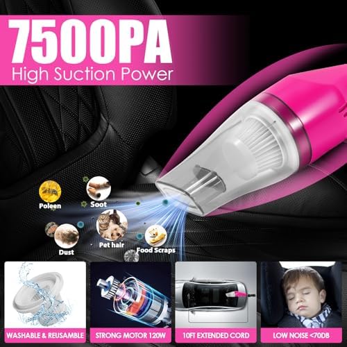 20PCS Pink Car Cleaning Kit, Car Interior Detailing Kit with Red High Power Handheld Vacuum, Detailing Brush Set, Windshield Cleaner, Cleaning Gel, Complete Auto Accessories for Women - Image 2