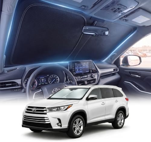 DMJN Front Windshield Sun Shade for Toyota Highlander (2020-2026), [Nano Ice-Crystal Coatings] UPF50+ Heat & UV Block, Protect Car Interior & Keep Cool, Flodable Steel-Ring Car Cover for Summer by DMJN