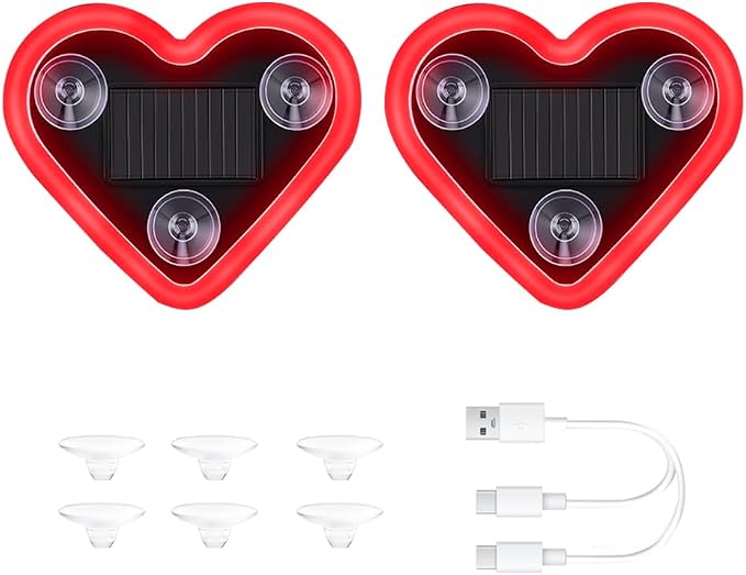 LED Solar Heart Light for Car Window Lights Interior Neon Ambient Lighting Car Accessories for Women Girl Girly Cute Decor Accessory, Smart Light Vibration Sensor, Red, 2 Pack by Vehicleloong
