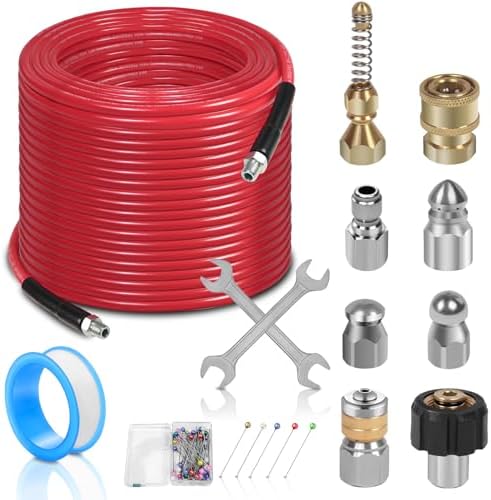 100FT Sewer Jetter Kit for Pressure Washer, 1/4''NPT Drain Cleaner Hose 5800PSI, Pressure Washer Cleaning Kit with Corner Rotating Button Sewer Jetting Nozzles, Quick Connect Set by Unknown