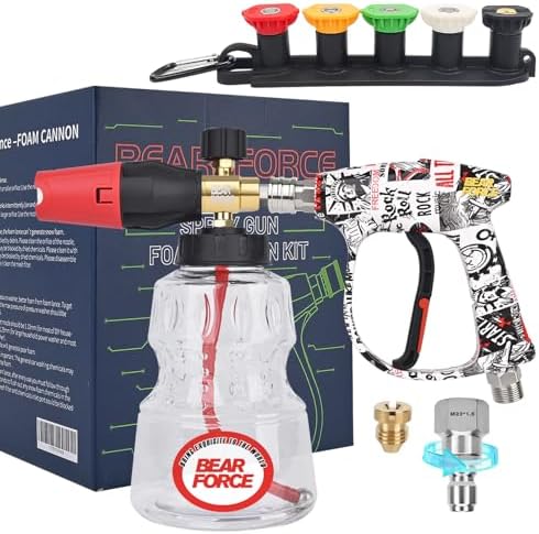 BEAR FORCE Pressure Washer Short Spray Gun M22-ID14mm Max 3000 PSI & Foam Cannon Foam Gun with 5 Tips #035 & 3/8'' Quick Connector Swivel, Additional Orifice Nozzle 1.10mm, Car Care Detailing by BEARFORCE