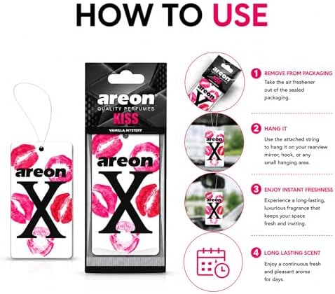 AREON X Kiss Hanging Air Freshener - Vanilla Mystery Long Lasting Hanging Fragrance for Car Interior - Stylish Hanging Scent Freshener - Premium Aroma Experience with Easy to Use Design (Pack of 3) - Image 4