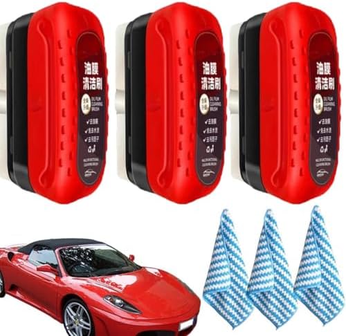 3PCS Automotive Oil Film Cleaning Brush,Car Clear Vision Glass Cleaner for Car Windows,Car Windshield Cleaner for Cleaning Brush and Improving Windshield Clarity & Visibility,Red by Unknown