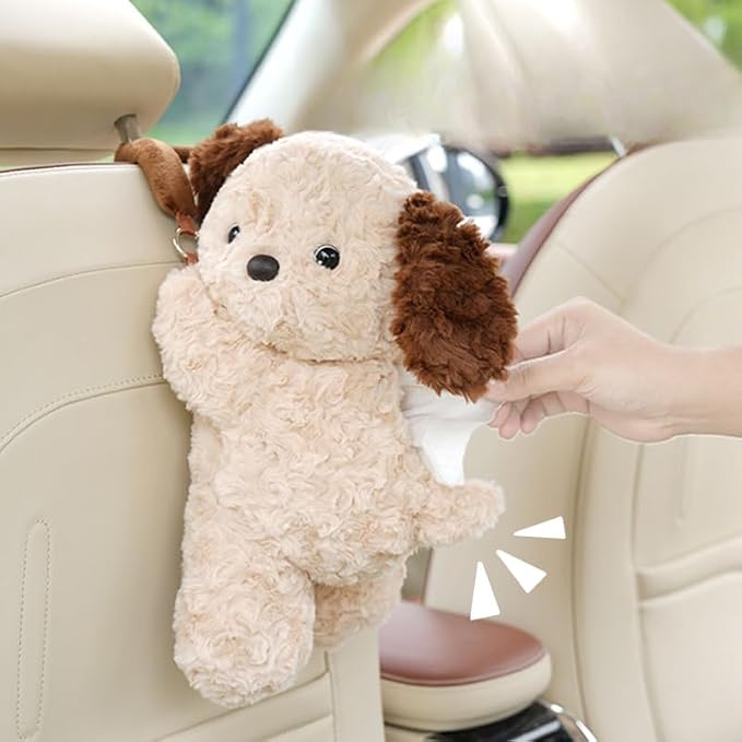 Plush Puppy Car Tissue Box Holder – Cute Crawling Dog Design, Hanging or Dashboard Use, Soft Style Organizer for Vehicle Interior (White Dog) - Image 6
