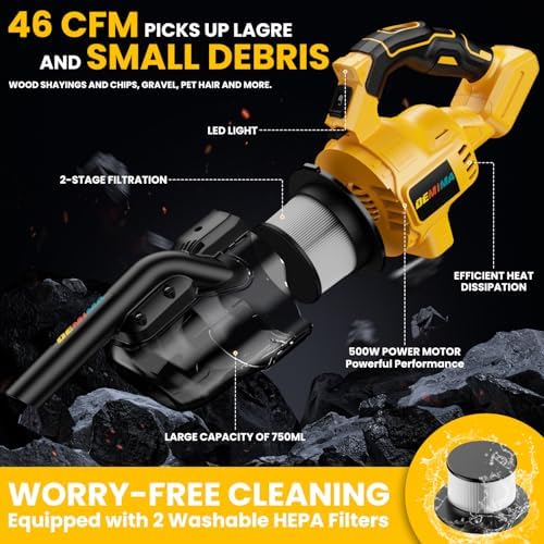 Cordless Vacuum for Dewalt Battery, 5 in 1 Lightweight Handheld Vacuum Cleaner with 500W Powerful Motor, 46 CFM Portable Hand Vacuum with Filtration HEPA for Floor, Carpet(Battery Not Included) - Image 4