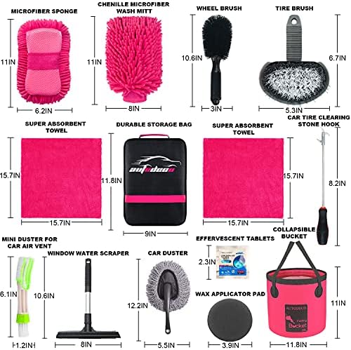 22Pcs Car Wash Cleaning Tools Kit Car Detailing Set with Canvas Bag Pink Collapsible Bucket Wash Mitt Sponge Towels Tire Brush Window Scraper Duster Complete Interior Car Care Kit - Image 6