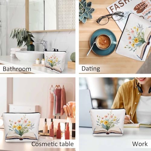 Floral Book Makeup Bags Makeup Organizer, Open Book Blossom Wild Flowers Flax Toiletry Bags Travel Cosmetic Bag Makeup Purse Pouch Skincare Bag Wallet Bags For Women Female Mom Daughter - Image 6