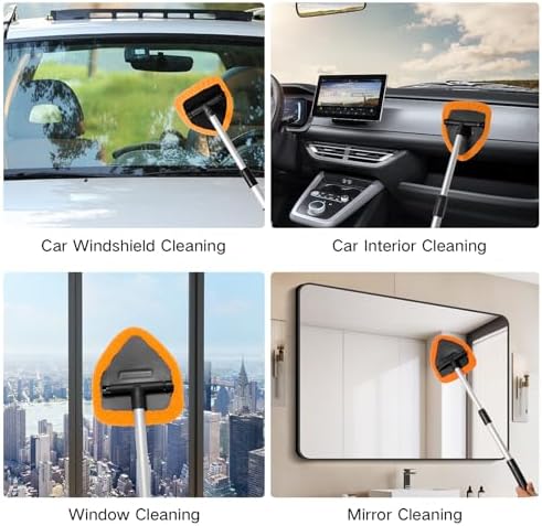 Qydipclin 7pcs Windshield Cleaner Tool Car Window Cleaning Wash Kit with 4 Reusable Microfiber Pads 1 Spray Bottle and Extendable Handle Auto Glass Wiper Kit, Orange - Image 5