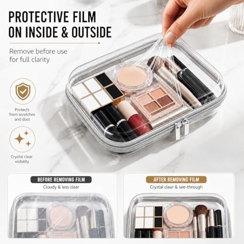 2pcs Clear zipper pouches | Hard sided pencil case | Hard shell zipper case | Hard case organizer for airline travel | Makeup or toy storage - SILVER - Image 7