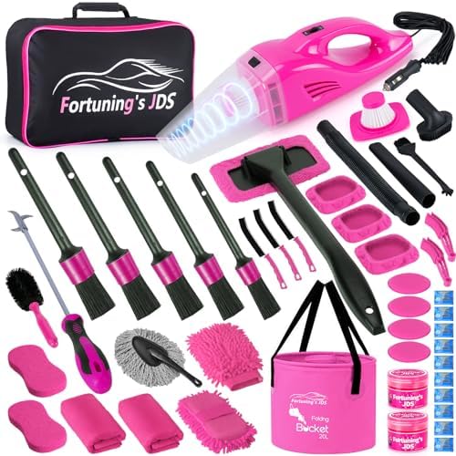 47PCS Car Detailing Kit Interior Cleaner, Car Cleaning Supplies with High Power Car Vacuum Cleaner,Auto Detailing Kit,Car Wash Kit with Bucket Detailing Brush Set,Pink Car Accessories for Women by FortuningsJDS