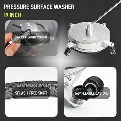Hourleey 19" Pressure Washer Surface Cleaner, Stainless Steel Surface Cleaner with 4 Wheels for Concrete, Patio, Sidewalk, Deck, Pathway 1/4" Quick Connector, 2 Extension Wand, 4000 PSI - Image 4
