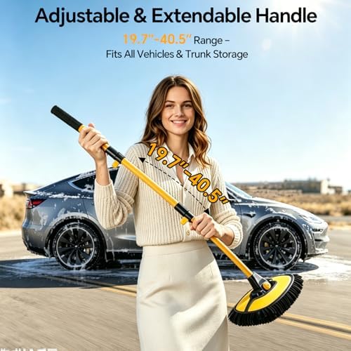 7 in 1 Car Wash Kit with 20L Folding Bucket & Brush, Extendable Car Wash Brush with 40.5" Long Handle, 15° Curved Aluminum Pole, Scratch-Free Microfiber Chenille Mop for SUV Truck RV, Yellow - Image 4