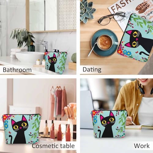 Black Cat Makeup Bag For Women, Adorable Cosmetic Bag Makeup Bags, Funny Kitten Cat Flowers Garden Zipper Bag Travel Bags Toiletry Organizers Pouch Bags Washing Bags For Gym Bathroom - Image 6