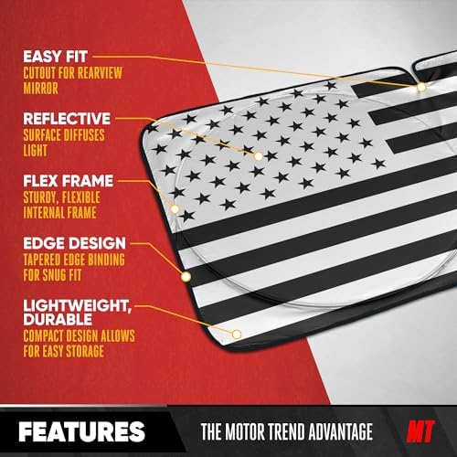 Motor Trend Windshield Sun Shade with Black & Gray American Flag Design - Front Car Sun Shade for Interior UV Protection - Foldable Sun Visor for Car Sunshade Truck Automotive Accessories - (65 x 33) - Image 6