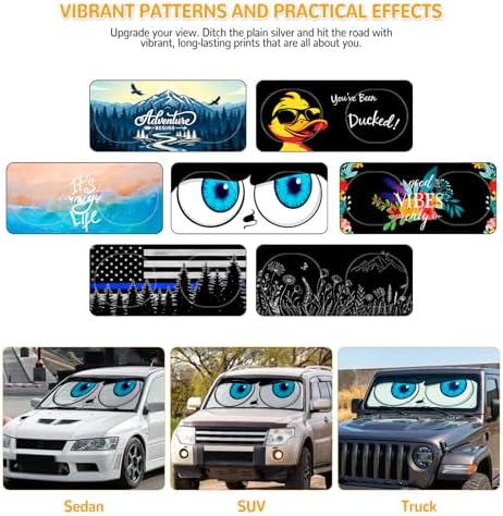 Windshield Sun Shade for Car, 63"x28.5" Stylish Printed Front Window Sunshade with Double Steel Ring Frame, Universal Fit Foldable Heat Blocker & UV Protector, with Storage Pouch (Eyes) - Image 4