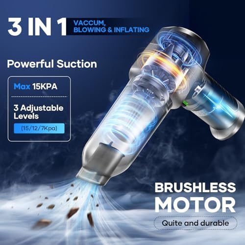 SakerPlus Mini Vacuum Cleaner, 3 in 1 Car Vacuum Cleaner High Power, 15000PA Powerful Suction, Air Duster, 7500mAh, Dual Filter,Adjustable Small Vaccum Portable Cordless for Cars,Desktop,Home - HL137 - Image 2