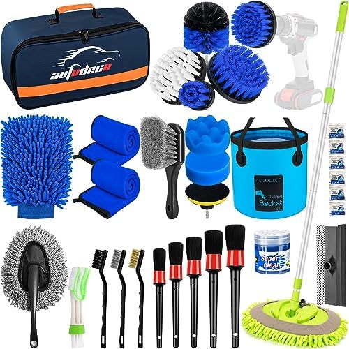 32Pcs Car Detailing Brush Set, Car Detailing Kit, Auto Detailing Drill Brush Set, Car Detailing Brushes, Car Wash Cleaning Tools Kit with Wash Mop for Interior, Exterior, Wheels, Blue by AUTODECO