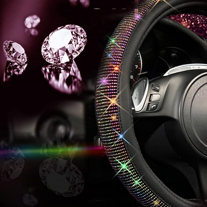 CAR PASS Diamond Leather Steering Wheel Cover, with Bling Crystal Rhinestones Fit Suvs,Vans,Sedans,Cars,Trucks Universal Fit 14.5-15inch Crystal Glitter for Women Sparkle Girl, Multicolor Diamond - Image 2