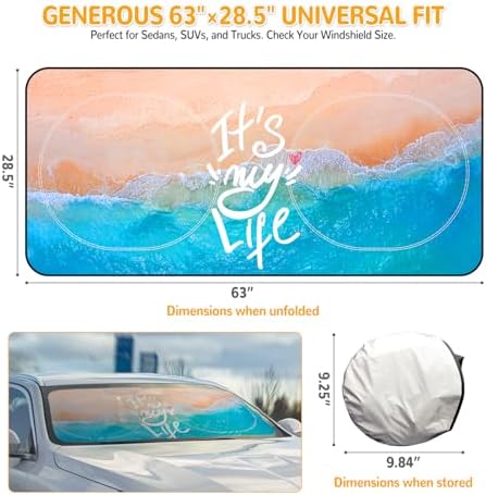 Windshield Sun Shade for Car, 63"x28.5" Stylish Printed Front Window Sunshade with Double Steel Ring Frame, Universal Fit Foldable Heat Blocker & UV Protector, with Storage Pouch (Sea & Beach) - Image 2