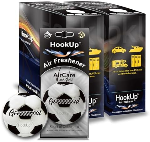 Soccer Car Air Freshener by HookUp - 50 Pack - Black Gold Scent (Extra Strong) | Unique Soccer Gift for Players, Coach, Fans | Hanging Car Accessory with Long Lasting Fresheners Smell by HookUpAirCare
