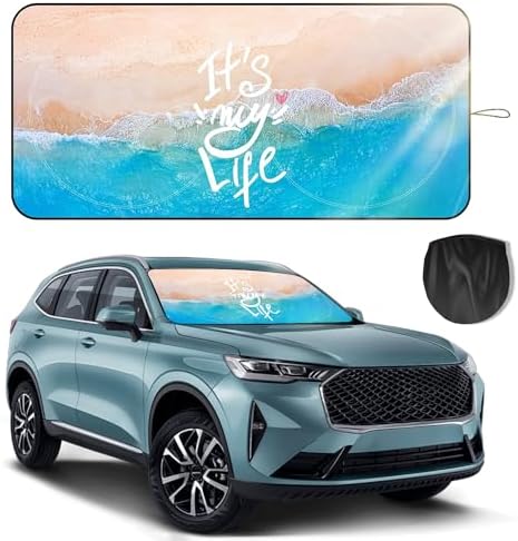 Windshield Sun Shade for Car, 63"x28.5" Universal Fit Front Window Sunshade with Double Steel Ring Frame, Car Sun Shade, UV Protection Windshield Cover with Storage Pouch (Beach) by OYIXIO
