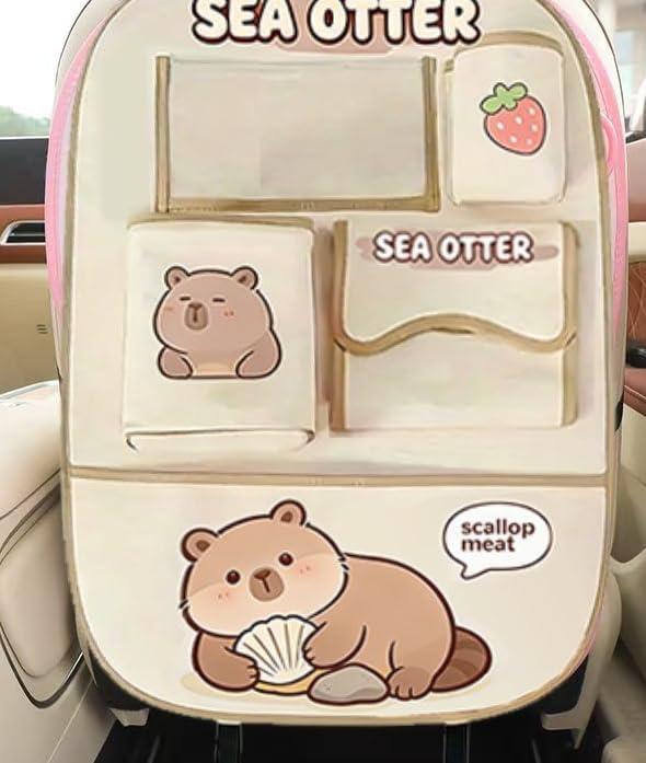 kids Leather Car Backseat Organizer with Foldable Table Tray, Car Storage Organizer with Tablet Holder, Car Seat Back Protectors Kick Mats, Travel Accessories (SEA OTTER2) - Image 2