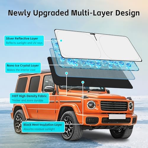 Windshield Sun Shade for Mercedes Benz G Class G63 G550 G55 G65 W463 2019-2026 Sunshade 300T Windshield Cover Blocks UV Rays Custom Fit G-Class Front Window Shade Foldable Keep Cool - Image 3