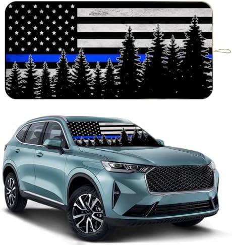 Windshield Sun Shade for Car, 63"x28.5" Universal Fit Front Window Sunshade with Double Steel Ring Frame, Car Sun Shade, UV Protection Windshield Cover with Storage Pouch (Blue Line) by OYIXIO