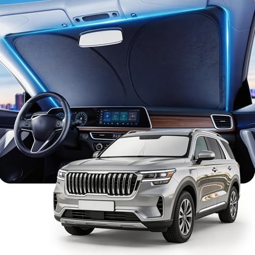 DMJN Front Windshield Sun Shade for Kia Telluride (2020-2026), [Nano Ice-Crystal Coatings] UPF50+ Heat & UV Block, Protect Car Interior & Keep Cool, Flodable Steel-Ring Car Cover for Summer by DMJN