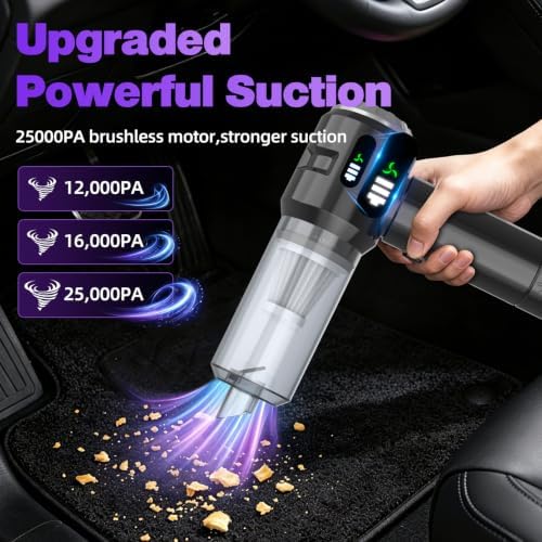 Wansimoo Handheld Car Vacuum Cleaner,25000PA Strong Cyclonic Suction Car Vacuum Portable Cordless with Digital Display Mini Vacuum for Car, Home, Office, Kitchen (Silver) - Image 2