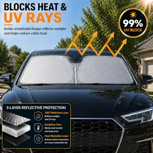 Audi A3 A4 A5 Windshield Sun Shade, Custom Fit Foldable Front Window Sunshade Visor, UV and Heat Protection Interior Cover, Fits 1995–2024 Models - Image 2