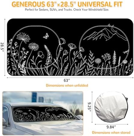 Windshield Sun Shade for Car, 63"x28.5" Stylish Printed Front Window Sunshade with Double Steel Ring Frame, Universal Fit Foldable Heat Blocker & UV Protector, with Storage Pouch (Line Floral) - Image 2