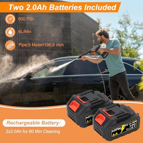 Portable Cordless Pressure Washer, 600 PSI with 21V Two Rechargeable Powered Pressure Washer, 6-in-1 Nozzle with 2 Batteries for Car/Fence/Garden/Floor/Yards Cleaning - Image 2