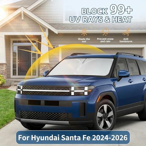 Windshield Sun Shade for Hyundai Santa Fe 2024 2025 2026 Sunshade Front Window Shade Custom Fit Santa Fe Accessories Sun Visor Foldable Shade Blocks UV Rays Accessories - Image 2