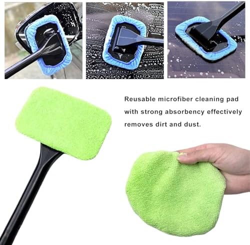 Car Windshield Cleaning Tool, Microfiber Windscreen Cleaner with 4 Washable Cloth Pads & Spray Bottle, Reusable Window Cleaning Kit with Detachable Handle for Auto Glass Wiper - Image 5