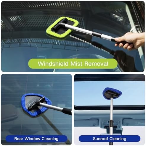 Qydipclin 11pcs Windshield Cleaner Tool, Car Window Cleaning Wash Kit with 6 Reusable Microfiber Pads 2 Spray Bottles and Extendable Handles Auto Glass Wiper Kit, Blue & Green - Image 2